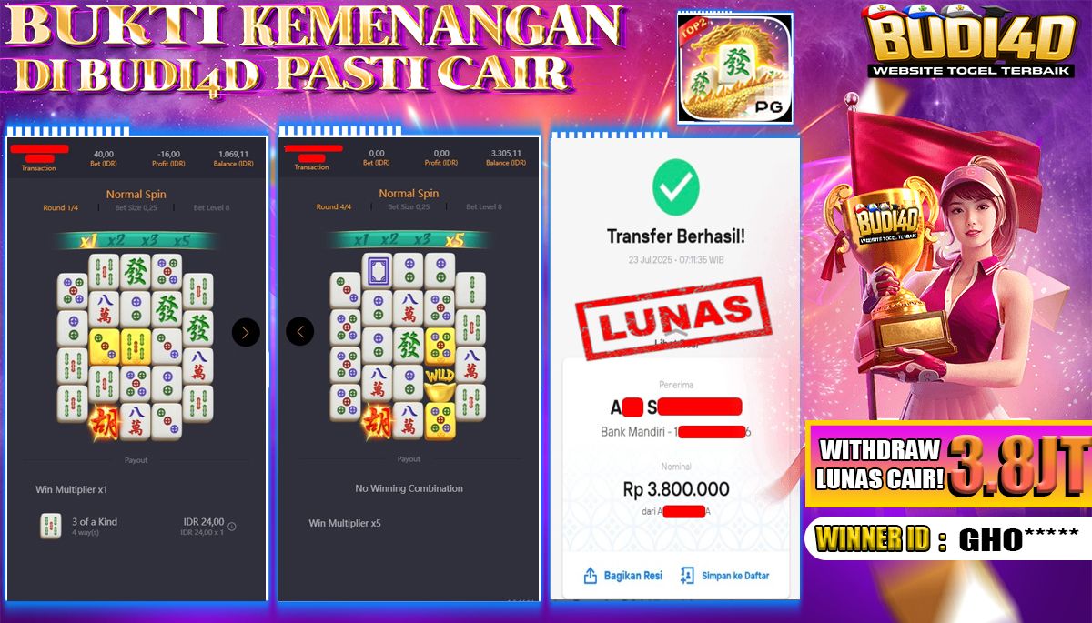 BUDI4D JACKPOT USERID: GHO**** SLOT PGSOFT MAHJONG WAYS 2 Rp.3.800.000,- LUNAS